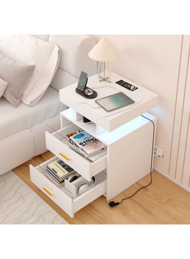 Nightstand with Charging Station, LED Bedside Table with 2 Drawers, Night Stand with 6 Color & Adjustable Lights for Bedroom, Livingroom （CT060) - Image 1